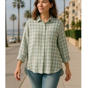 Lou & Grey‎ Button Down Shirt Gauze Plaid Long Sleeve Relaxed Fit Top Size Large